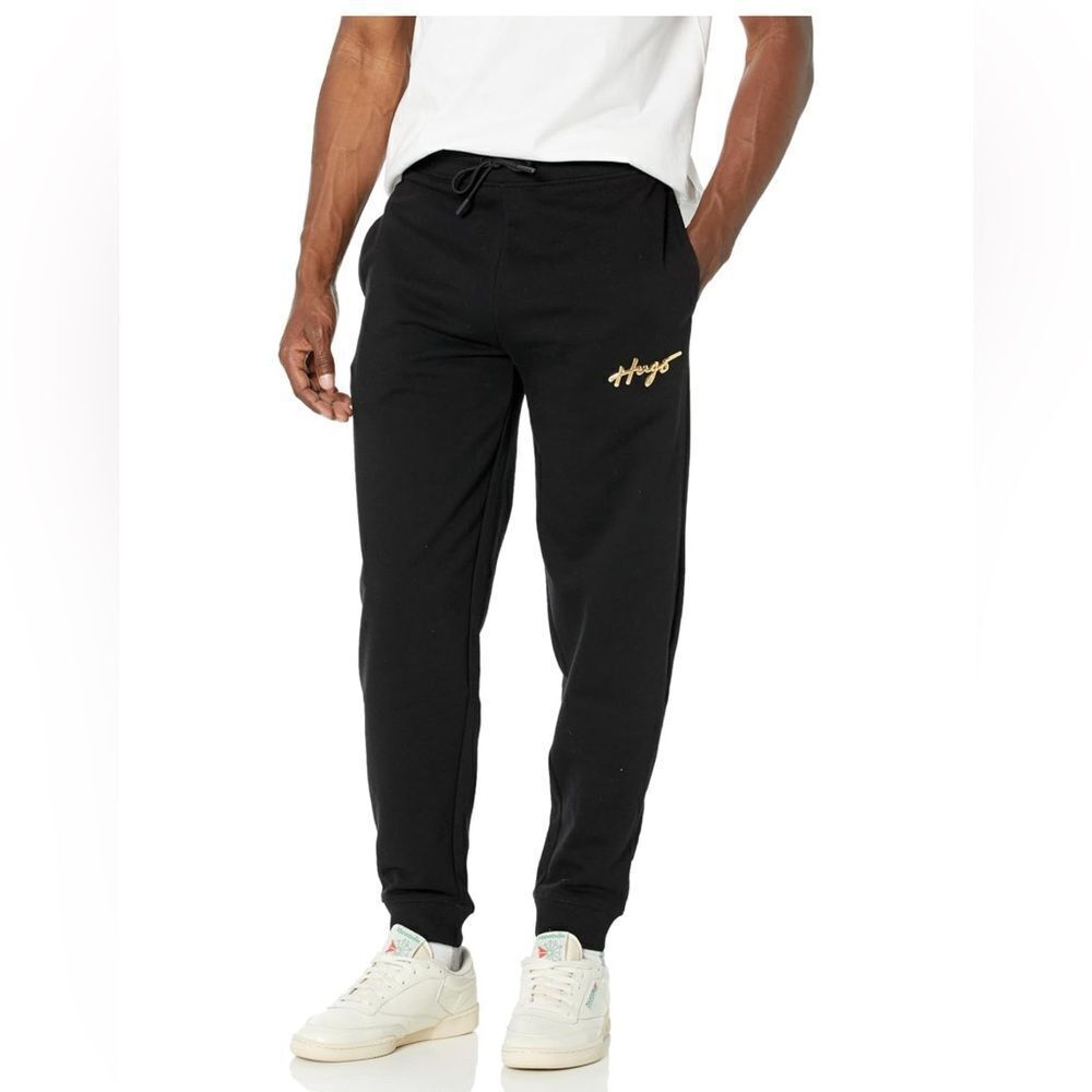 HUGO Men's Script Logo Cotton Blend Joggers Black NEW with Tag